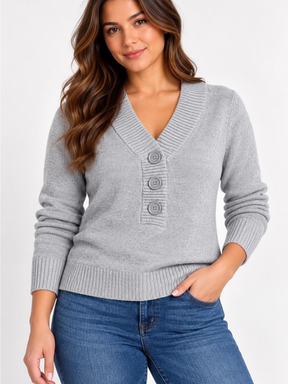 Banana Republic Light Gray V-Neck Button Pullover Sweater